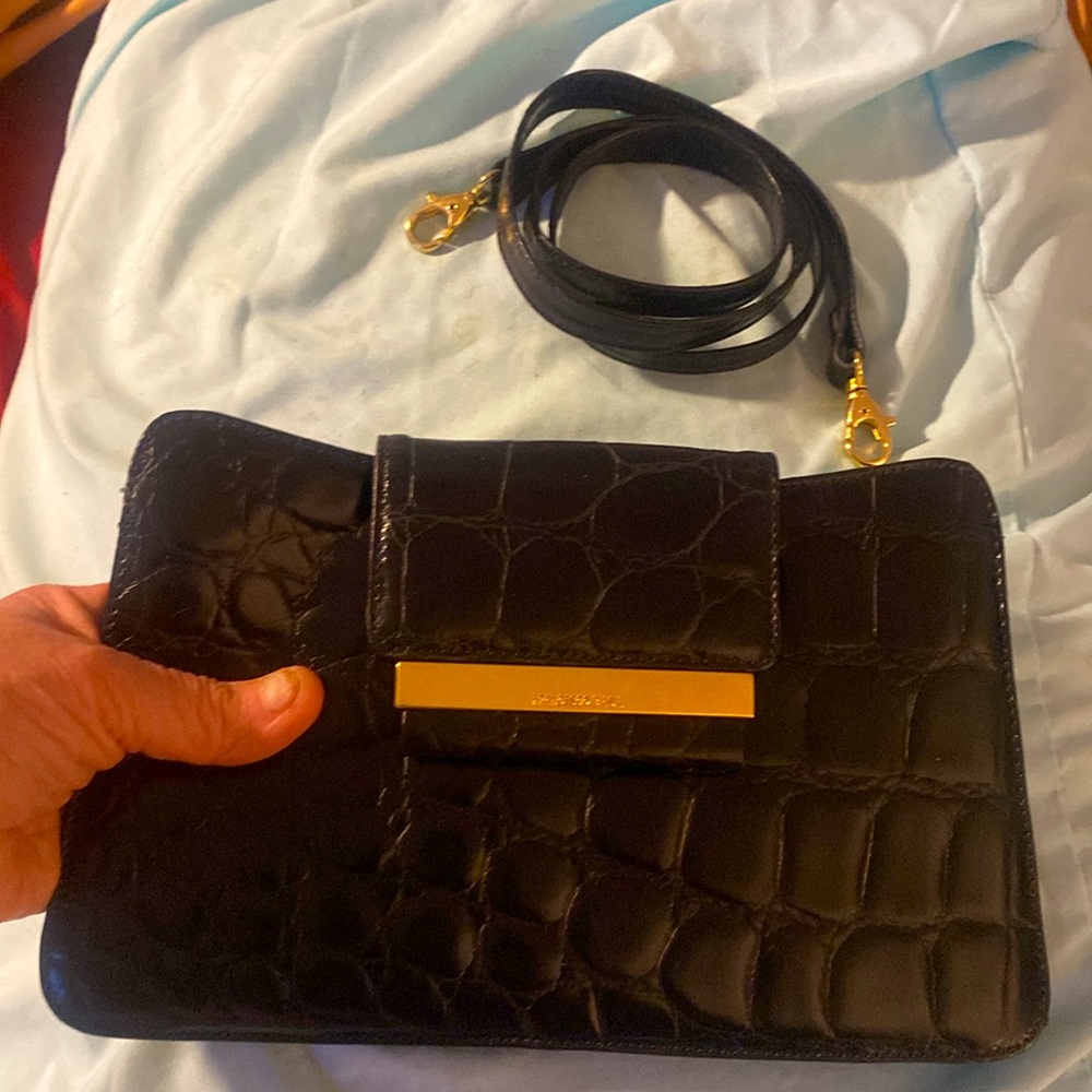 Classic RARE BLACK CROC leather FRANCESCO BIASIA clutch with removable 20”strap